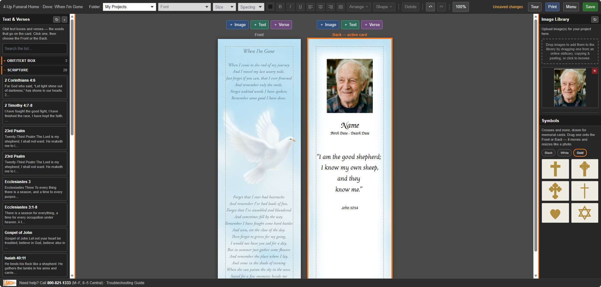 The Lamcraft Digital Memories easel: the verse list on the left, a 4-Up Dove bookmark front and back in the middle, the image library and symbols on the right