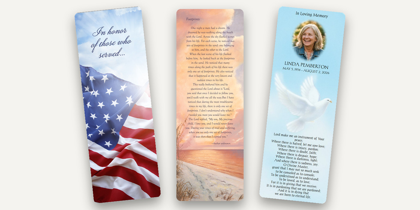 Three 3 by 9 Premium Memorial Card bookmarks: U.S. Flag, Footprints with verse, and the Dove design template
