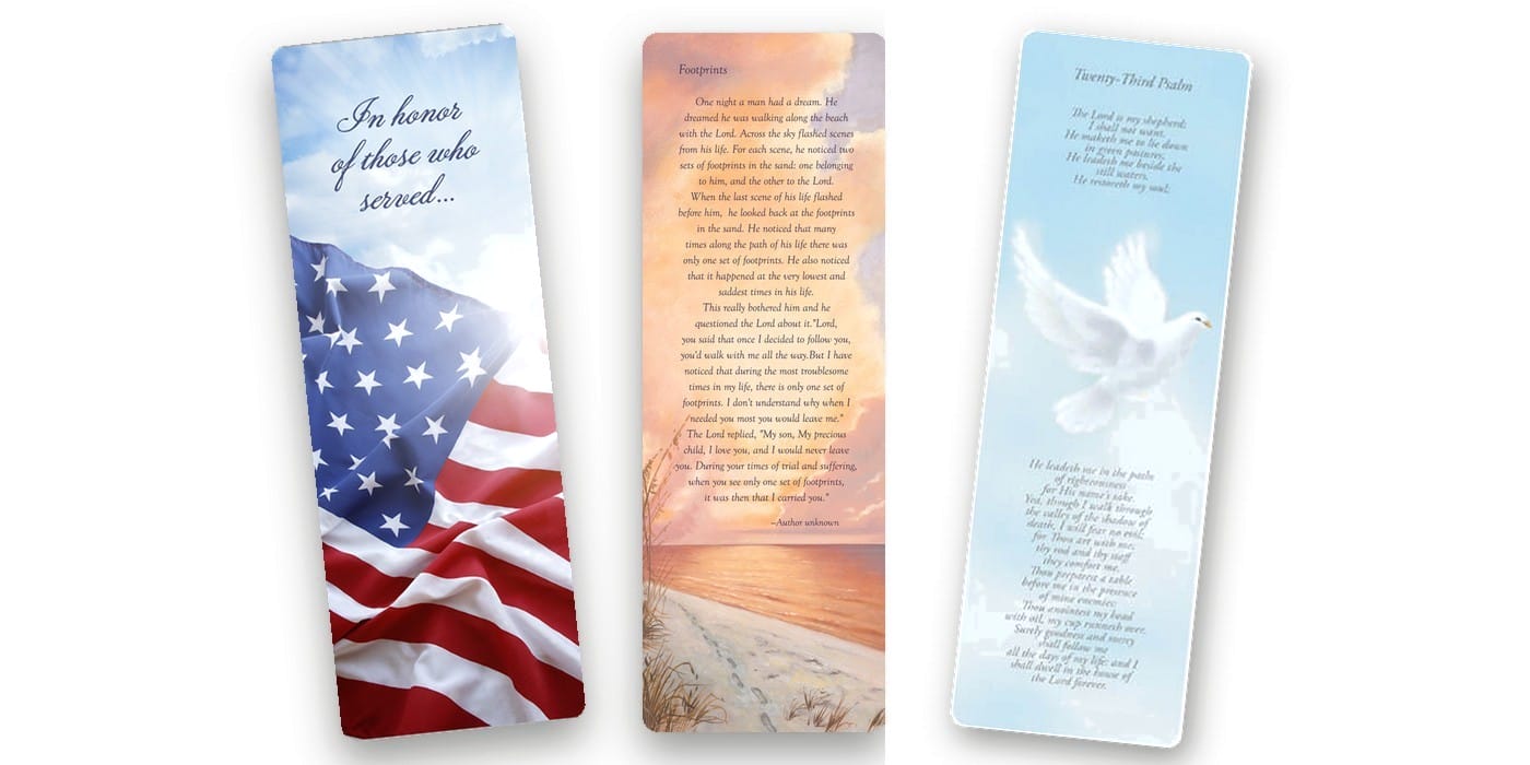 Three 3 by 9 Premium Memorial Card bookmarks: U.S. Flag, Footprints with verse, and Dove with the 23rd Psalm