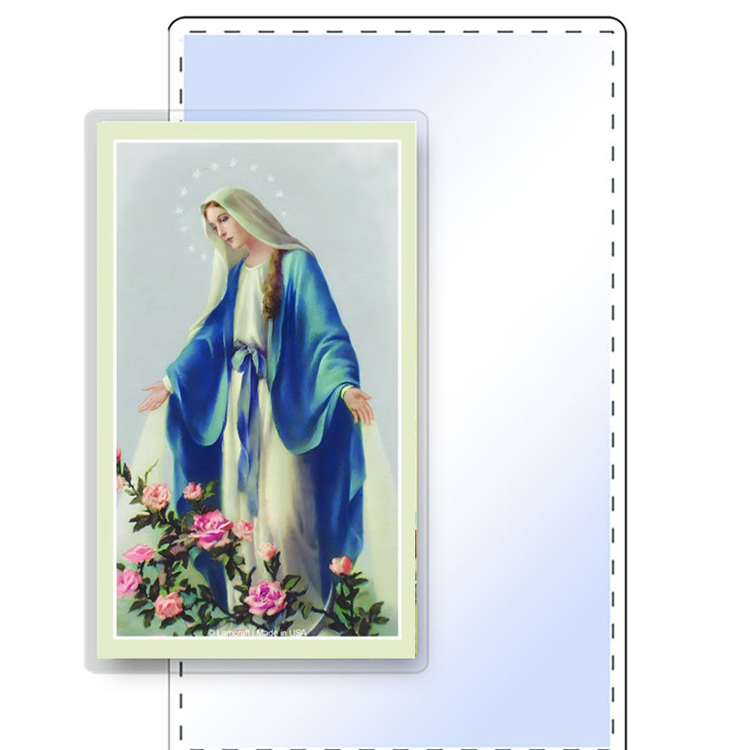 A holy card inside a clear Lamcraft lamination pouch