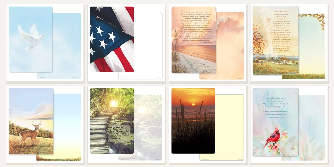 Eight of our most-requested designs: Dove, U.S. Flag, Footprints, Meadow, Deer, Stairs of Light, Sea Oats and Spring Cardinal